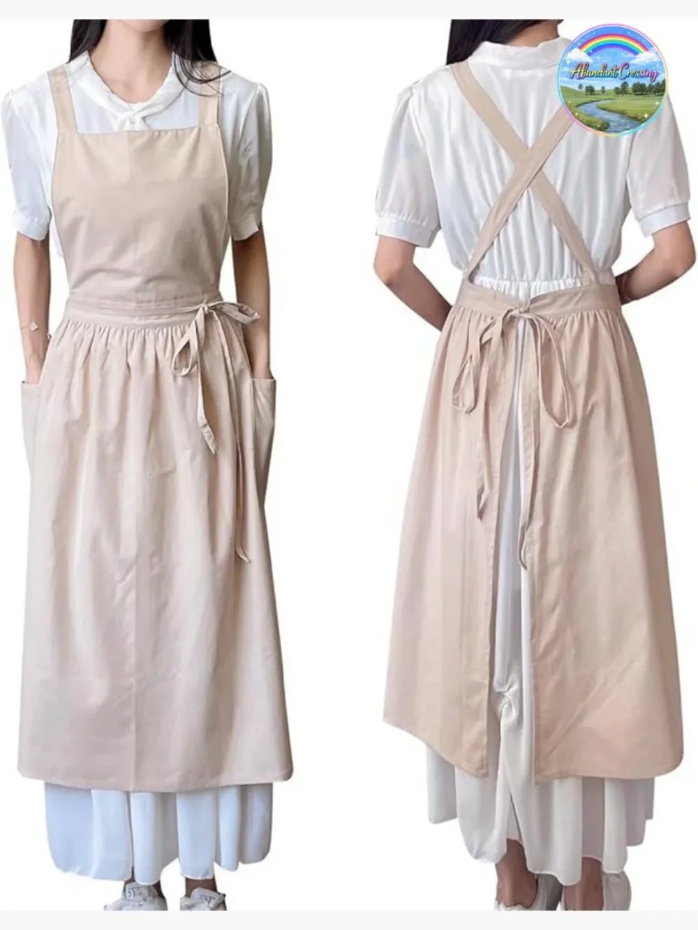 Cotton Linen Cross Back Apron Dress with Pockets Adjustable Waist Ties Soft